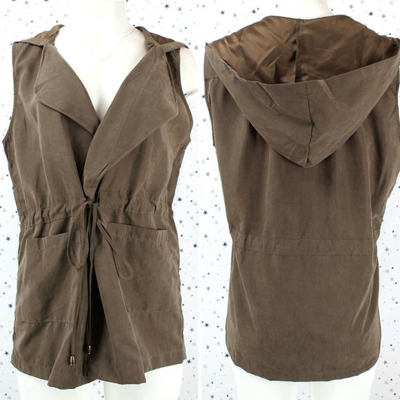 Hooded Draped Open Front Vest Olive - Picture 1 of 7